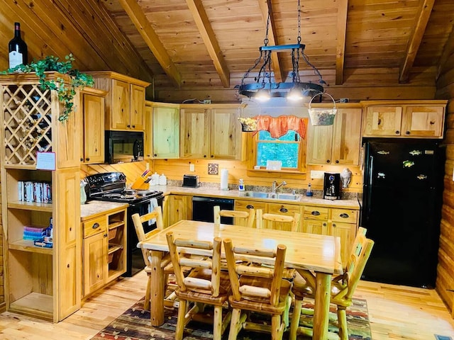 kitchen with wood ceiling, light hardwood / wood-style floors, vaulted ceiling with beams, black appliances, and sink