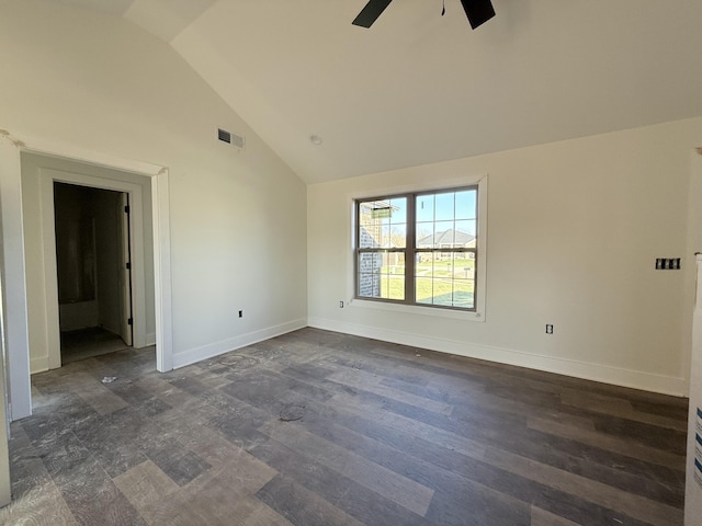 unfurnished room with vaulted ceiling and ceiling fan