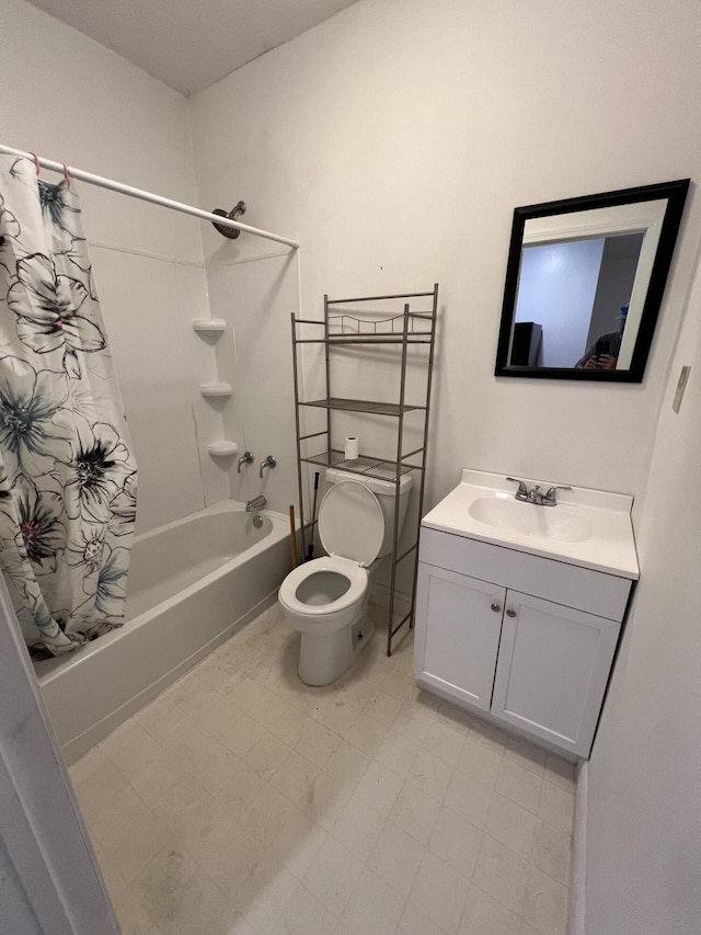 full bathroom featuring vanity, toilet, and shower / bathtub combination with curtain