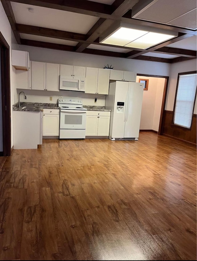 kitchen with beam ceiling, white cabinetry, coffered ceiling, light hardwood / wood-style flooring, and white appliances