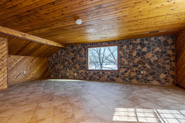 bonus room with wooden ceiling, wood walls, and lofted ceiling with beams