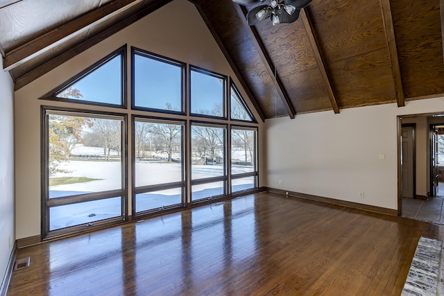 unfurnished living room with ceiling fan, beam ceiling, dark hardwood / wood-style flooring, and high vaulted ceiling