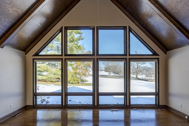 entryway with a healthy amount of sunlight, dark hardwood / wood-style floors, and high vaulted ceiling