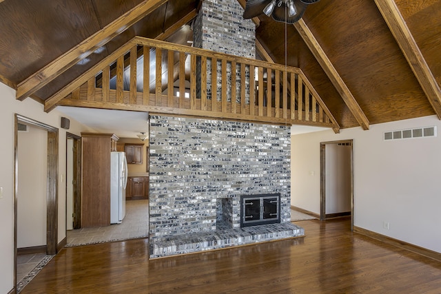 unfurnished living room featuring ceiling fan, wood ceiling, hardwood / wood-style flooring, and high vaulted ceiling