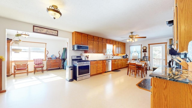 kitchen featuring backsplash, plenty of natural light, ceiling fan, and stainless steel appliances