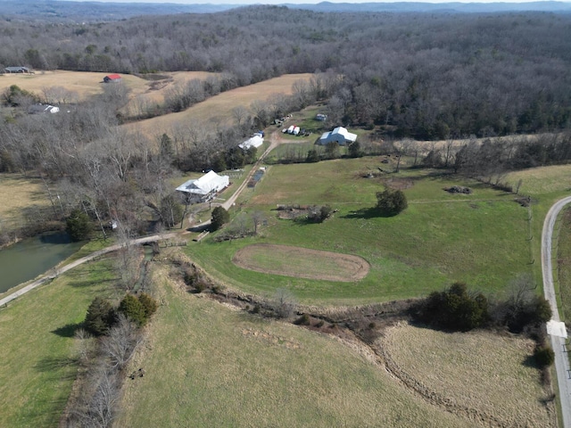 bird's eye view featuring a rural view and a water view