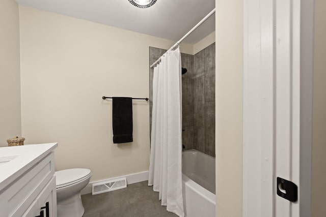 full bathroom featuring shower / bath combination with curtain, vanity, toilet, and tile patterned flooring