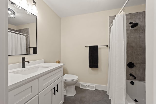 full bathroom with vanity, tile patterned floors, shower / bath combination with curtain, and toilet