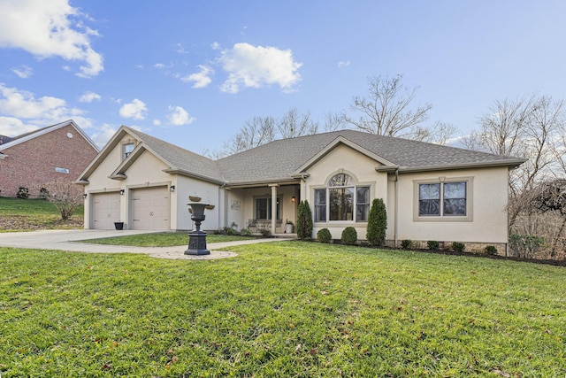 ranch-style home with a garage and a front lawn