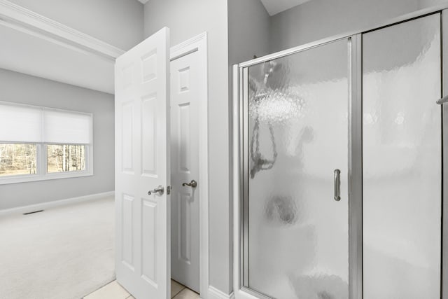 bathroom featuring a shower with shower door