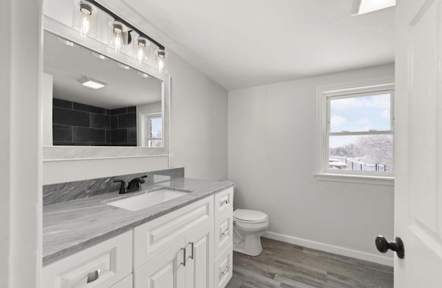 bathroom with vanity, hardwood / wood-style flooring, and toilet