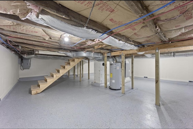 basement with electric panel and gas water heater