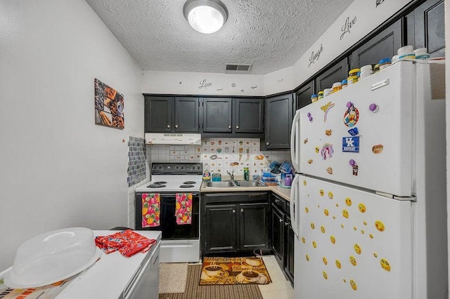 kitchen featuring decorative backsplash, a textured ceiling, white appliances, sink, and range hood