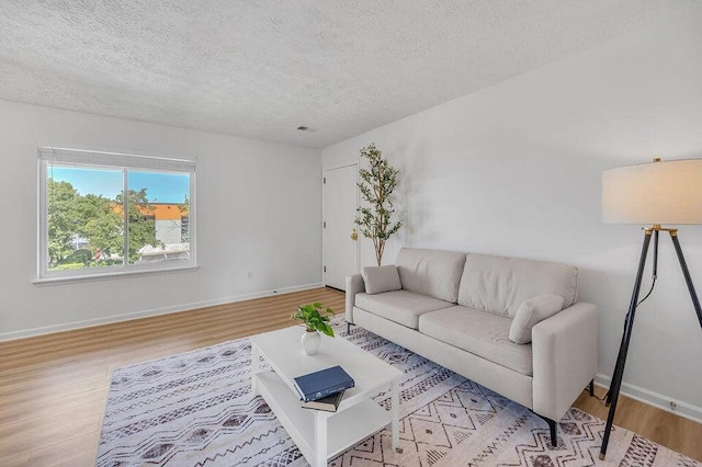 living room with a textured ceiling and light wood-type flooring