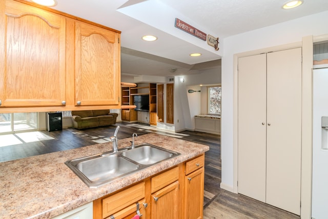 kitchen with dark wood-type flooring, light brown cabinets, and sink