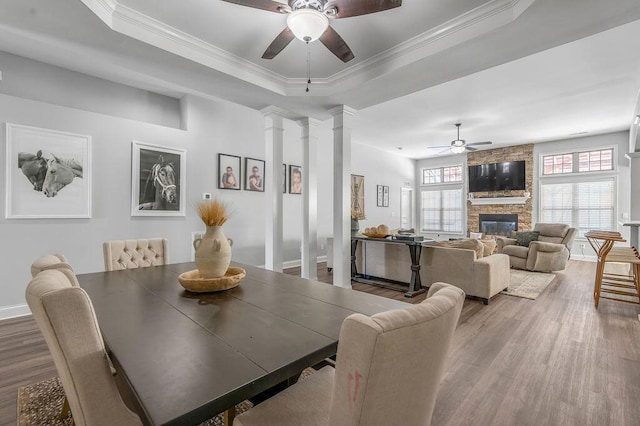 dining room featuring a tray ceiling, ceiling fan, a fireplace, and crown molding