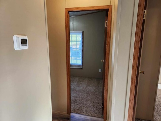 hallway with dark colored carpet