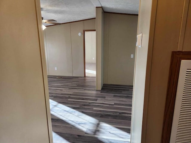 hall featuring a textured ceiling and dark hardwood / wood-style floors