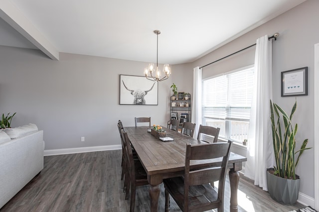 dining area with a healthy amount of sunlight, dark hardwood / wood-style flooring, and an inviting chandelier