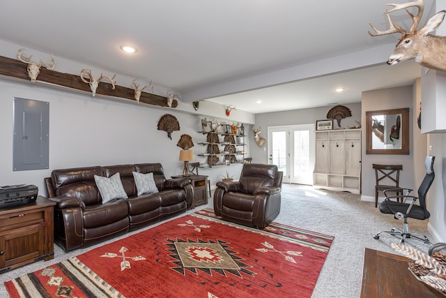 living room featuring carpet flooring, electric panel, and french doors