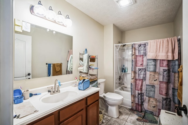 full bathroom featuring toilet, a textured ceiling, shower / bath combination with curtain, tile patterned floors, and vanity