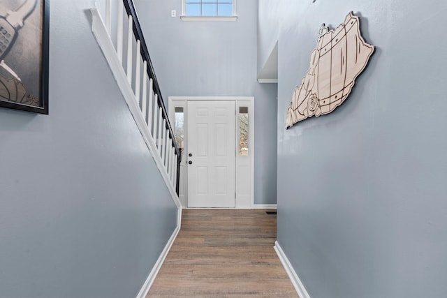 foyer entrance with hardwood / wood-style flooring and a high ceiling