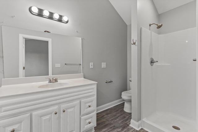 bathroom with vanity, toilet, wood-type flooring, and walk in shower