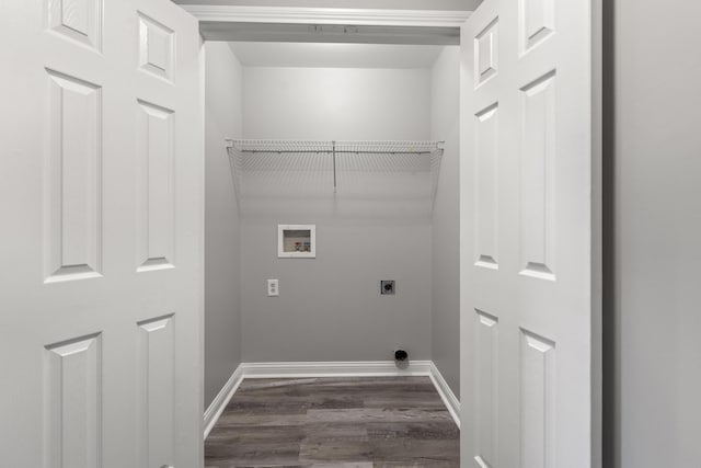 clothes washing area featuring hookup for an electric dryer, dark wood-type flooring, and hookup for a washing machine