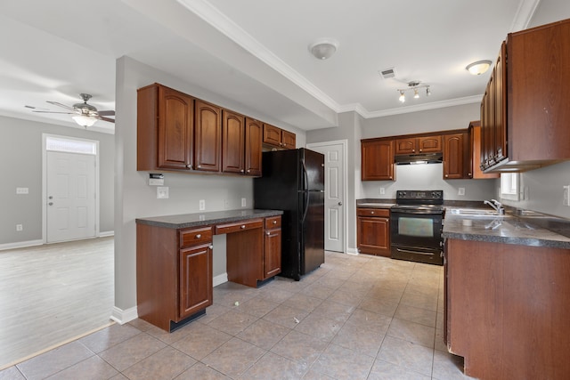 kitchen with ceiling fan, sink, crown molding, light tile patterned floors, and black appliances