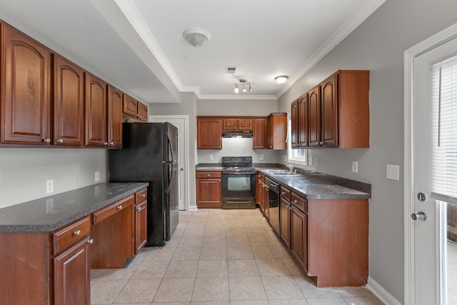 kitchen featuring crown molding, sink, light tile patterned floors, and black appliances