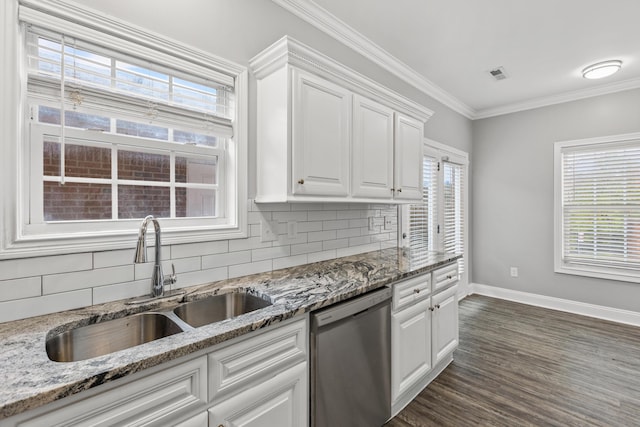 kitchen featuring backsplash, stainless steel dishwasher, ornamental molding, sink, and white cabinetry