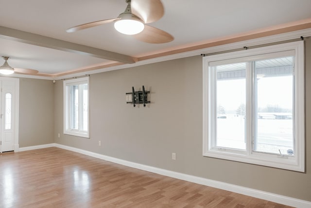 empty room featuring ornamental molding, ceiling fan, and light hardwood / wood-style flooring