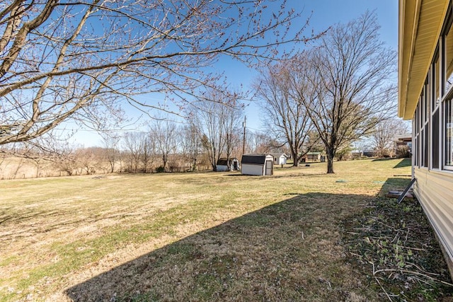 view of yard featuring an outbuilding and a storage shed