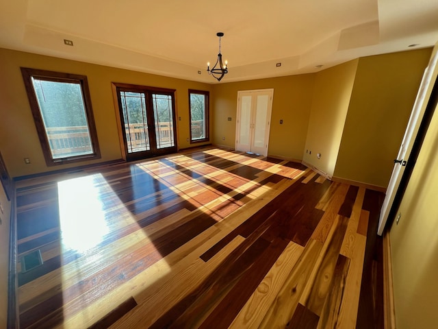 spare room with dark hardwood / wood-style floors, french doors, and a tray ceiling