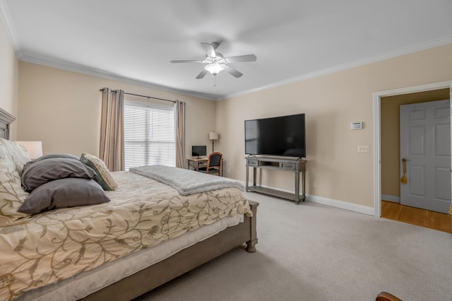 bedroom featuring ceiling fan, light colored carpet, and ornamental molding