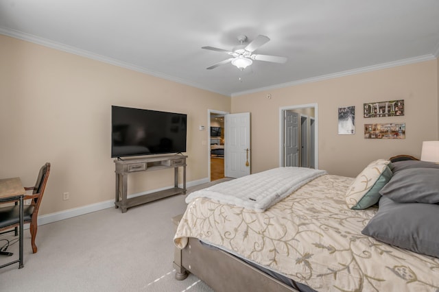 carpeted bedroom with ceiling fan and crown molding