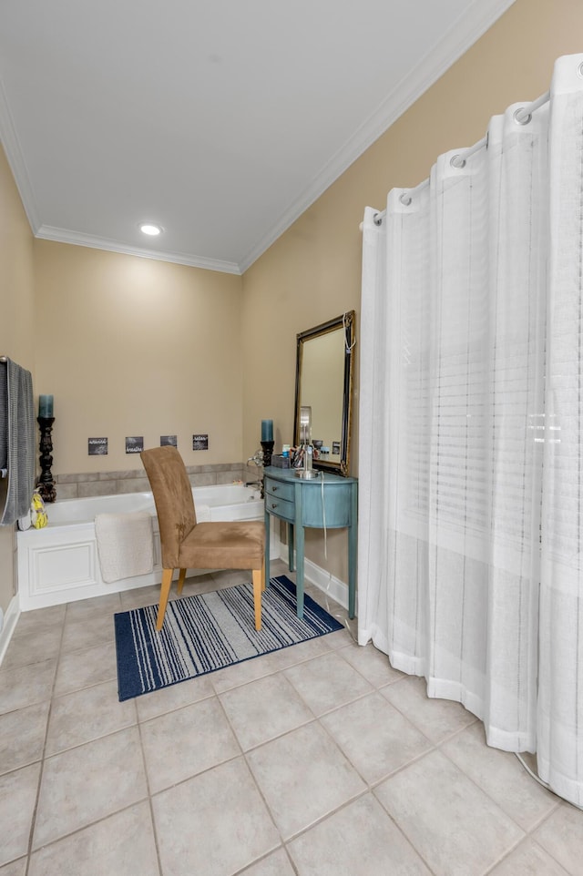 office area with light tile patterned flooring and ornamental molding