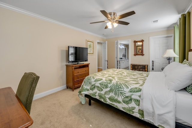 bedroom with ensuite bathroom, ceiling fan, light carpet, and ornamental molding