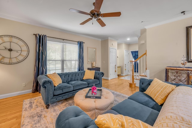 living room featuring light hardwood / wood-style floors, ceiling fan, and crown molding