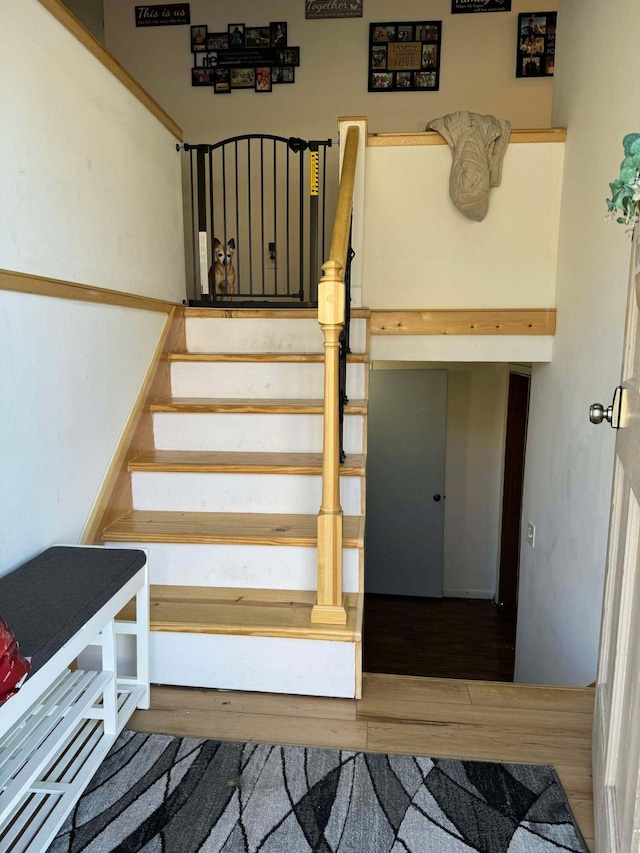 staircase with hardwood / wood-style floors