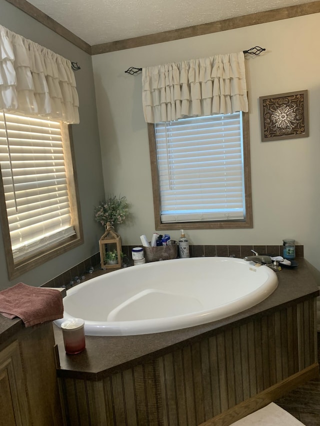 bathroom featuring vanity, a washtub, and a textured ceiling