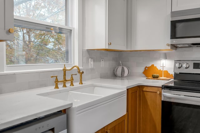 kitchen featuring tasteful backsplash, stainless steel appliances, sink, white cabinets, and plenty of natural light