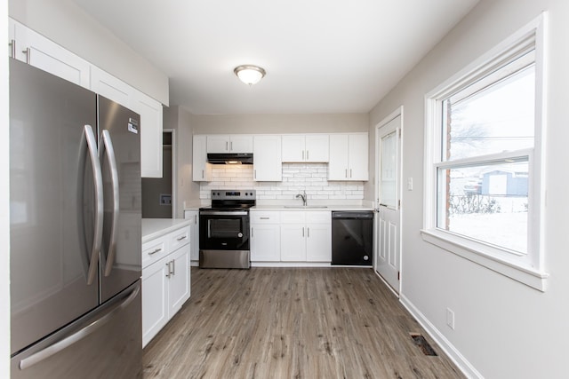 kitchen featuring sink, tasteful backsplash, light hardwood / wood-style floors, white cabinetry, and stainless steel appliances