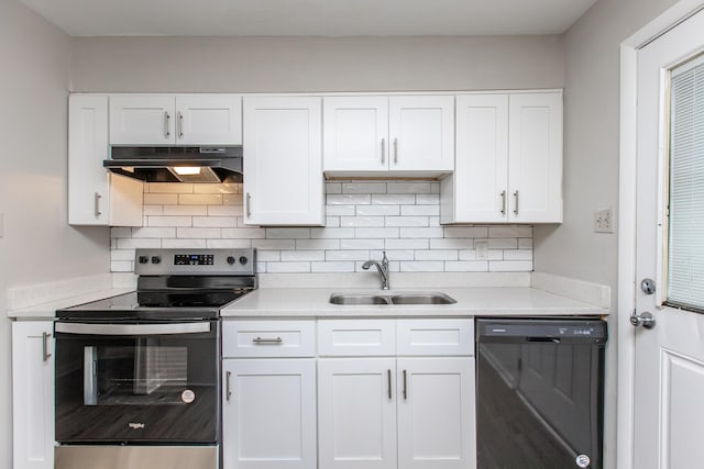 kitchen featuring stainless steel range with electric stovetop, white cabinets, sink, decorative backsplash, and black dishwasher