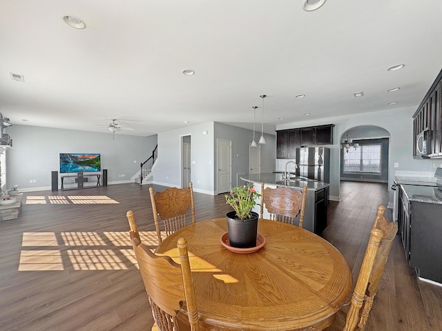 dining room featuring ceiling fan, sink, and dark hardwood / wood-style floors