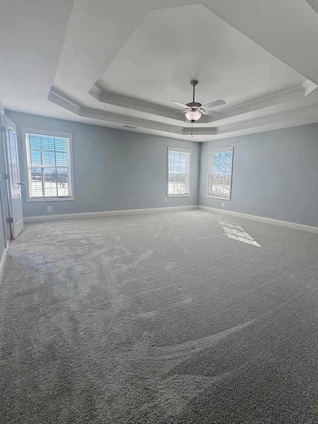 empty room featuring a tray ceiling, ceiling fan, and carpet flooring