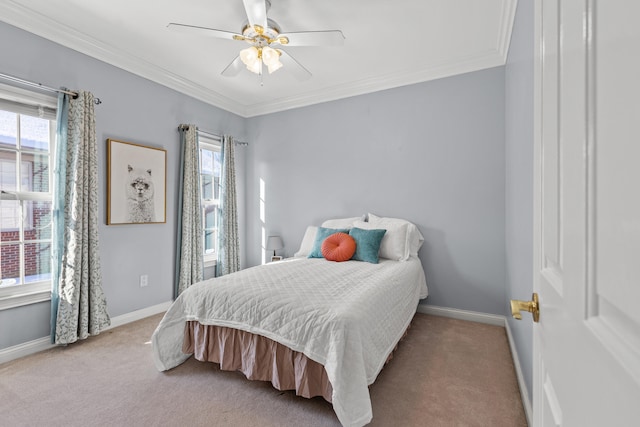 bedroom featuring light carpet and crown molding