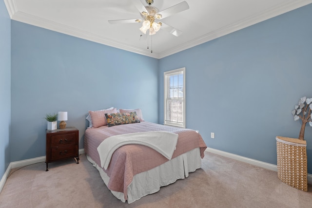 bedroom with light carpet, crown molding, and ceiling fan