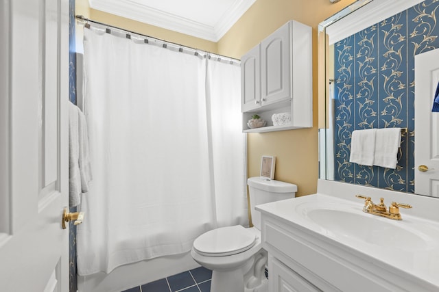 full bathroom with tile patterned floors, toilet, crown molding, vanity, and shower / bath combo with shower curtain