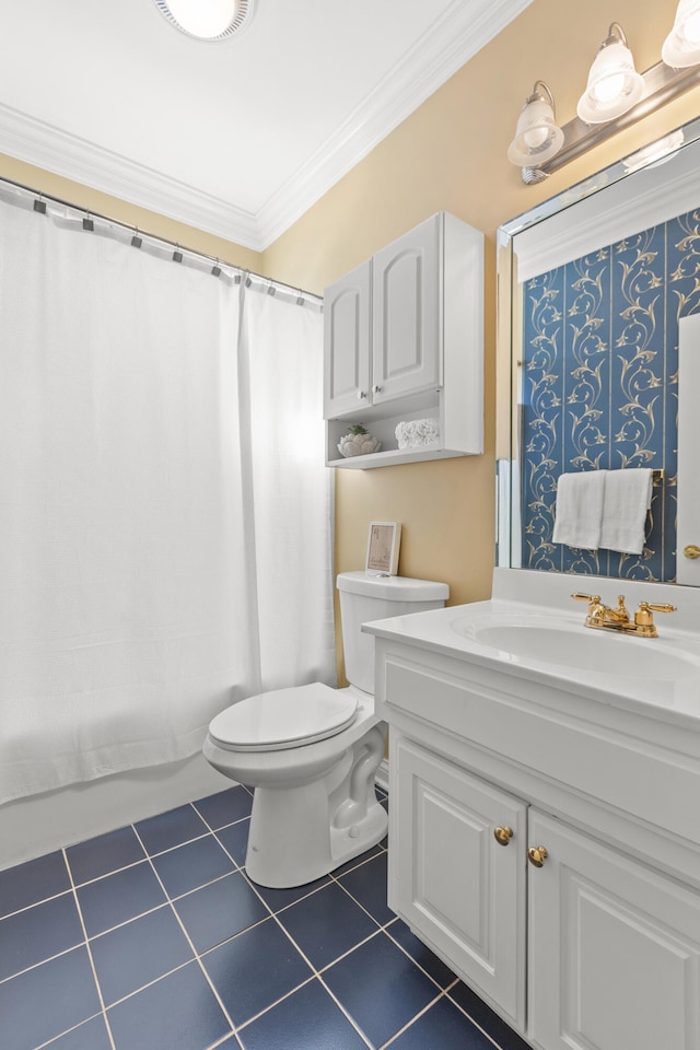 bathroom with toilet, ornamental molding, vanity, a shower with shower curtain, and tile patterned flooring